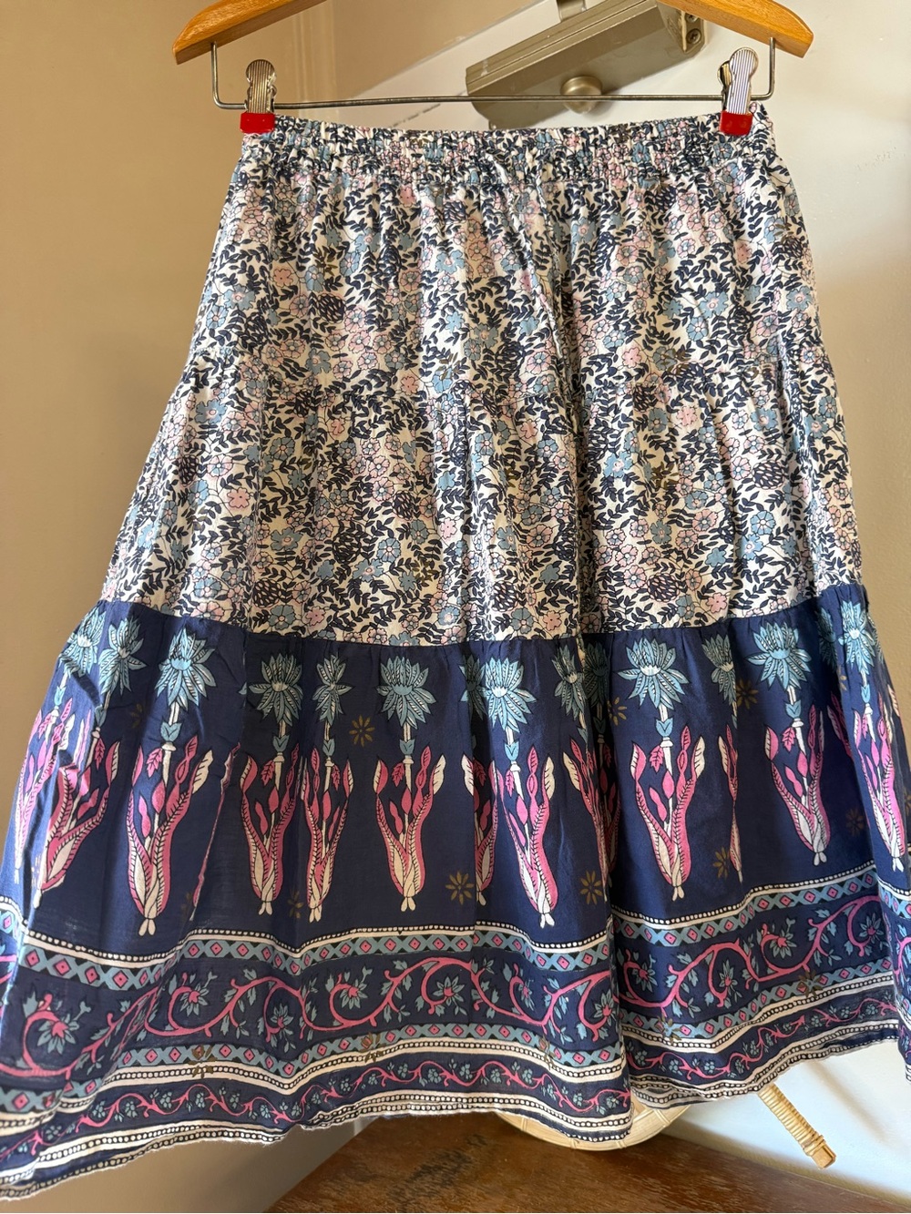 Lux Floral Tiered Midi Skirt in Navy, Pink, Light Blue and Cream